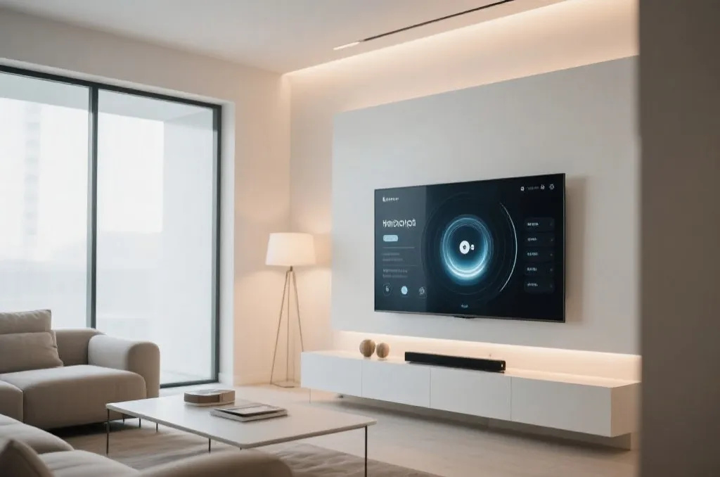 Modern clean living room interior with an elegant television screen displaying a sleek digital interface