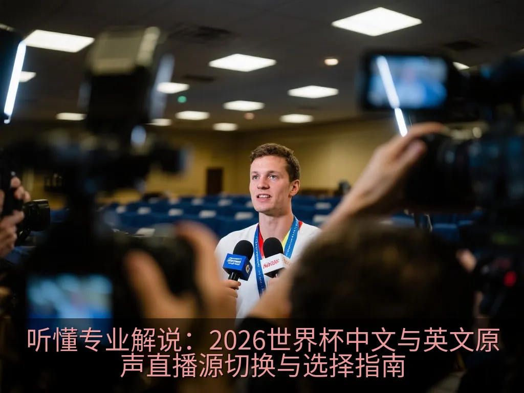 专业演播室解说麦克风与耳机配置,背景为模糊的足球场